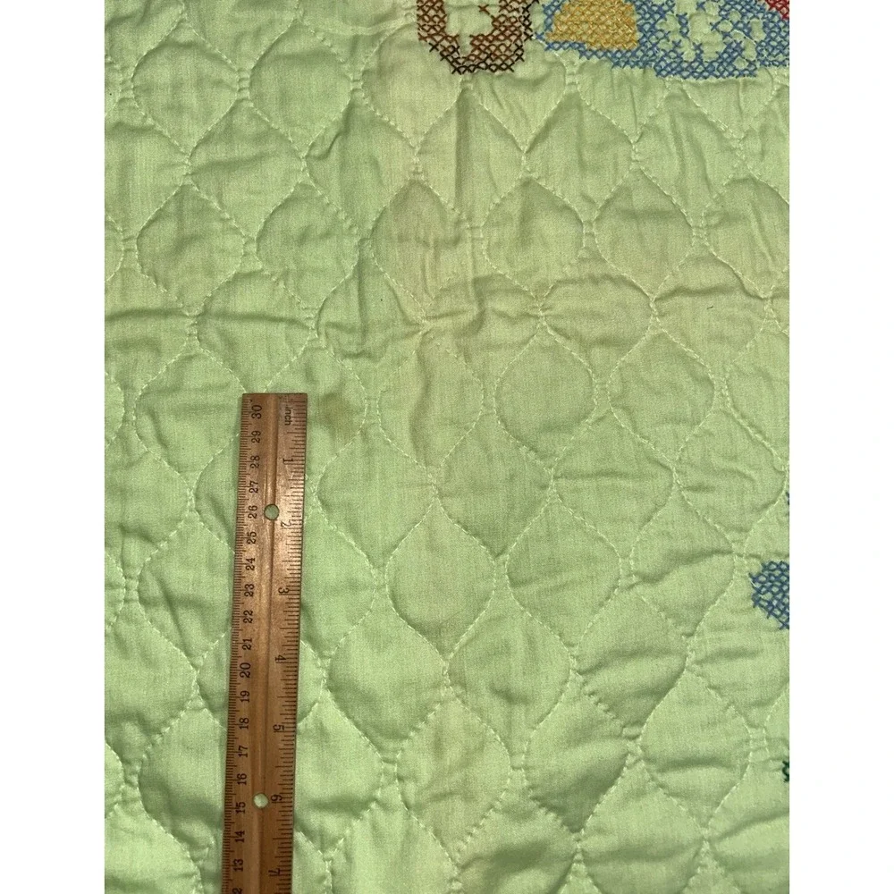 VTG Teddy Bear Jack In The Box Baby Crib Quilt Blanket Green Crossstitch 57